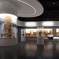 Contemporary Museum Exhibition Hall With Circular Columns Glass Display Cases And Artifacts