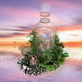 Floral Installation Featuring Transparent Bottle Structure Purple Flowers Green Plants And Sunset Water Background
