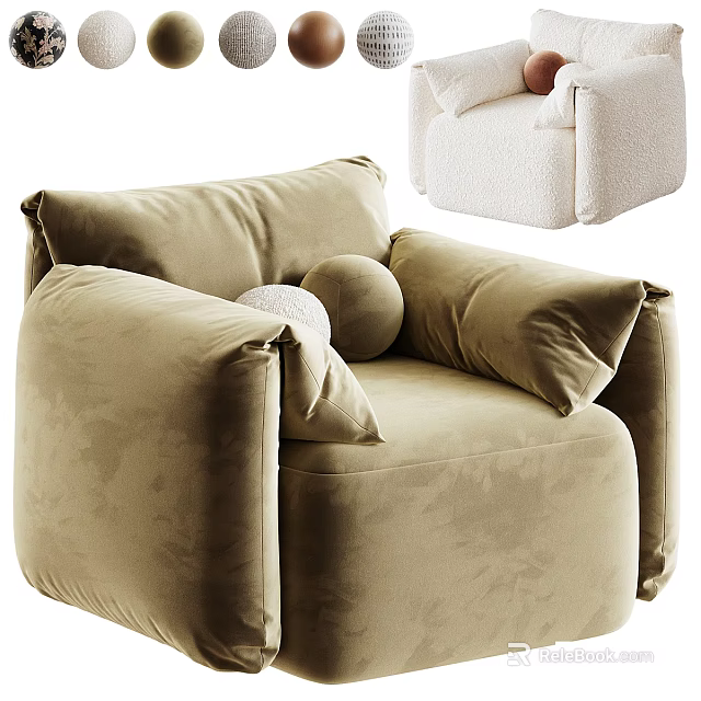Cozy Beige Single Sofa With Soft Plush Fabric And Round Pillow 3d model 