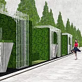 Elegant Landscape Wall With White Grid Green Hedges And Marble Pathway With Woman
