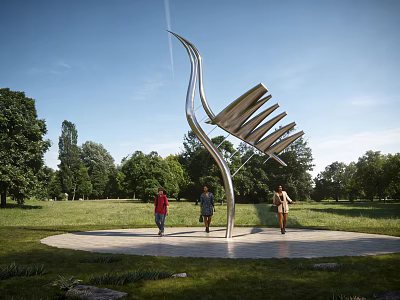 Modern Stainless Steel Landscape Sculpture Resembling Crane in Park Grassland with Trees and People Walking 3d model