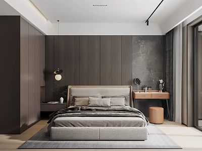 Modern Bedroom Interior With Dark Wooden Walls Gray Bed Round Pendant Light And Dressing Table 3d model