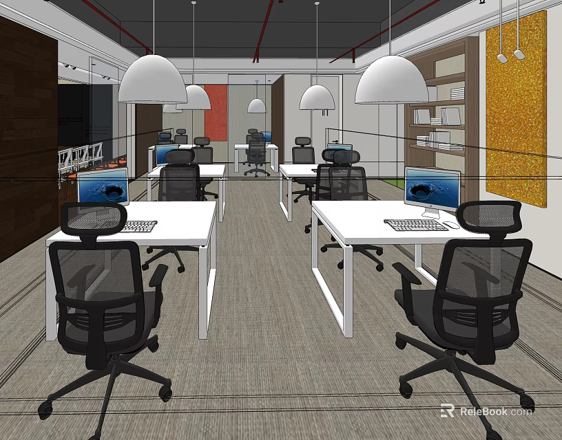 Public Office Space Interior With Modern Desks Computers Office Chairs Bookshelves And Pendant Lights 3d model 