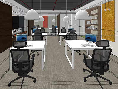 Public Office Space Interior With Modern Desks Computers Office Chairs Bookshelves And Pendant Lights 3d model