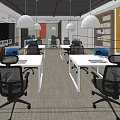 Public Office Space Interior With Modern Desks Computers Office Chairs Bookshelves And Pendant Lights