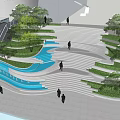 Modern Curved Architecture Open Plaza With People Greenery And Water Feature