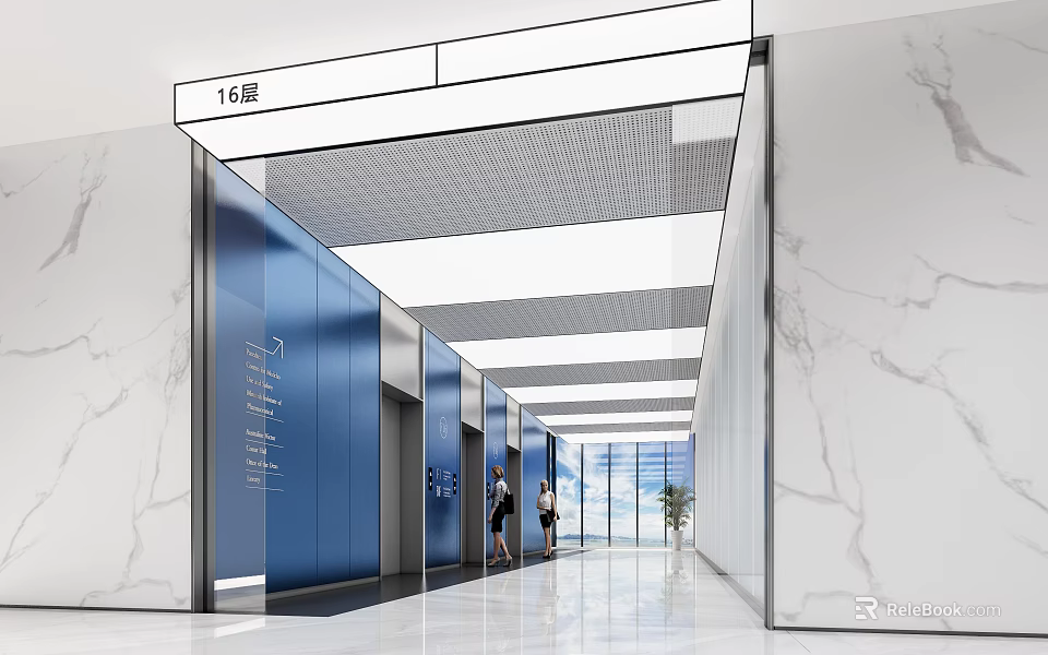Modern Elevator Lobby Design With Blue Doors Marble Walls Grid Ceiling And Natural Light Windows 3d model 