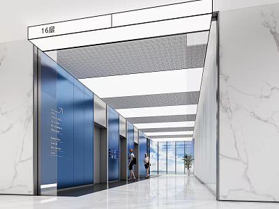 Modern Elevator Lobby Design With Blue Doors Marble Walls Grid Ceiling And Natural Light Windows 3d model