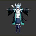 Fantasy Anime Character With Blue Hair Horns Coat Sword And Blue Skirt