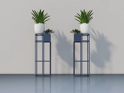 Bonsai Potted Plants in White Pots on Blue Metal Plant Stands Indoor Decorative 3d model