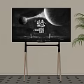 Modern Television on Wooden and Black Metal Stand With Moon Planet Display and Green Plant
