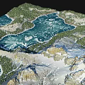 Aerial View Of Breathtaking Mountain Landscape With Snowy Peaks And Crystal Clear Icy Lake