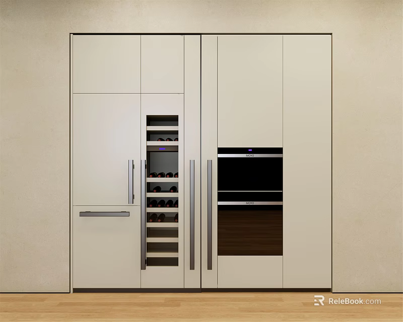 Modern Built in Refrigerator Freezer in Kitchen With Wine Rack Oven and Cabinets 3d model 