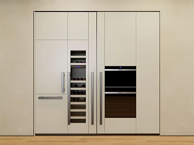 Modern Built in Refrigerator Freezer in Kitchen With Wine Rack Oven and Cabinets 3d model