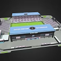 Modern Football Stadium With Blue Roof Seating Stands And Green Football Pitch