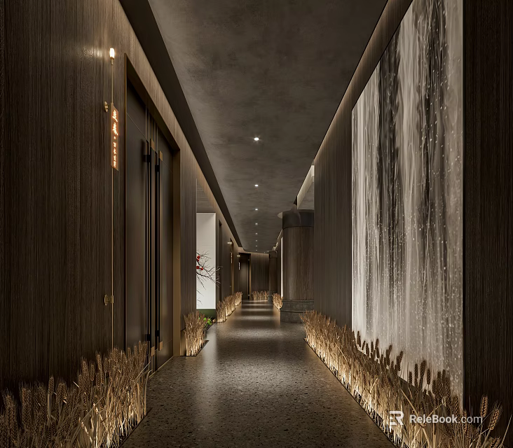 Modern Hotel Corridor Interior Design With Wooden Walls Wheat Plants And Recessed Ceiling Lights 3d model 