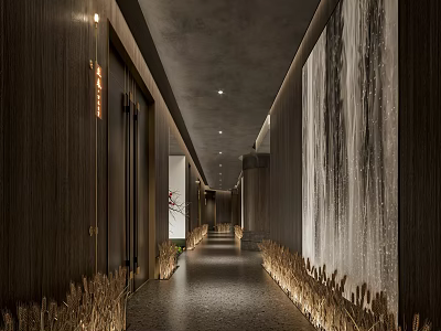 Modern Hotel Corridor Interior Design With Wooden Walls Wheat Plants And Recessed Ceiling Lights 3d model
