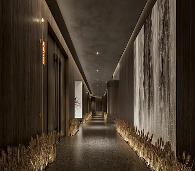 Modern Hotel Corridor Interior Design With Wooden Walls Wheat Plants And Recessed Ceiling Lights 3d model