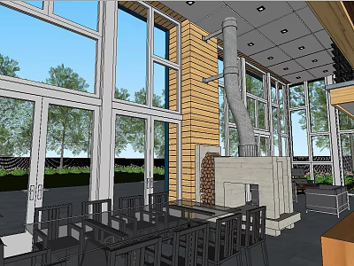 Modern Detached House Interior With Large Windows Wooden Walls Fireplace And Dining Area 3d model