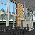 Modern Detached House Interior With Large Windows Wooden Walls Fireplace And Dining Area