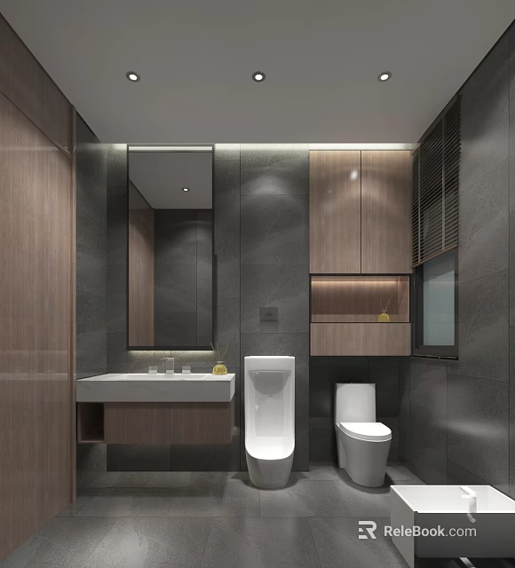 Modern Hotel Bathroom Interior Design With Wooden Cabinets Large Mirror And Wall Mounted Sink 3d model 