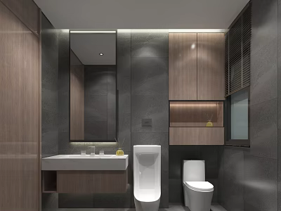 Modern Hotel Bathroom Interior Design With Wooden Cabinets Large Mirror And Wall Mounted Sink 3d model