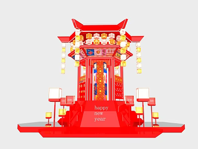Traditional Chinese Red Decorative Structure With Lanterns Happy New Year And Steps 3d model
