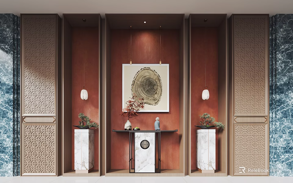 New Chinese Style Red Background Wall in Entryway with Decorative Painting Pendant Lights and Vases 3d model 