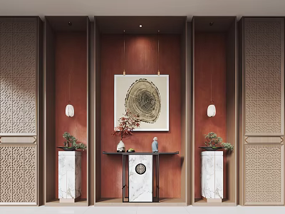 New Chinese Style Red Background Wall in Entryway with Decorative Painting Pendant Lights and Vases 3d model