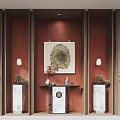 New Chinese Style Red Background Wall in Entryway with Decorative Painting Pendant Lights and Vases