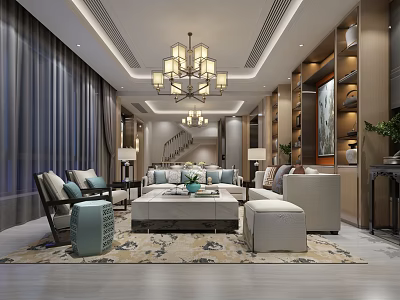 Elegant Modern Living Room Interior With Chandelier Sofa Coffee Table Rug And Bookshelves 3d model