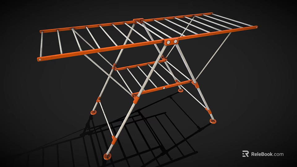 Orange And Silver Foldable Clothes Drying Rack With Multiple Crossbars And Wheels 3d model 