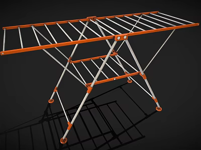 Orange And Silver Foldable Clothes Drying Rack With Multiple Crossbars And Wheels 3d model