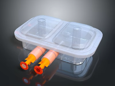 Decorative Ornament Set With Transparent Two Compartment Plastic Case And Orange Cylinders With Red Bases 3d model