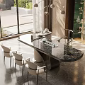 Elegant Tea Room Interior With Marble Table Chairs Tea Sets And Natural Light