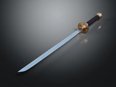 Medieval Warrior Character Holding Elegant Sword With Gold Black Decorative Hilt 3d model