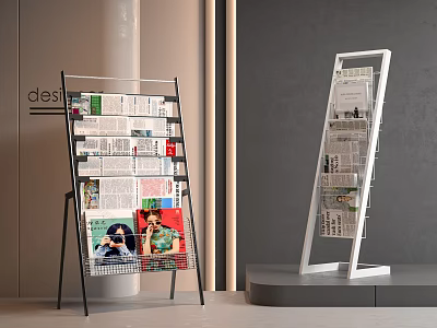 Black Metal White Frame Newspaper Magazine Rack with Newspapers Magazines on Gray Wall Design Background 3d model