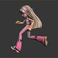 3D Animated Game Movie Character With Pink Blue Outfit Headband Long Hair Running Pose