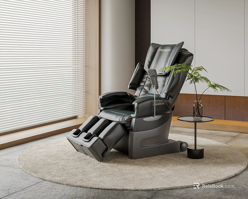Black Massage Chair With Modern Design In Comfortable Indoor Setting On Round Rug And Plant 3d model 
