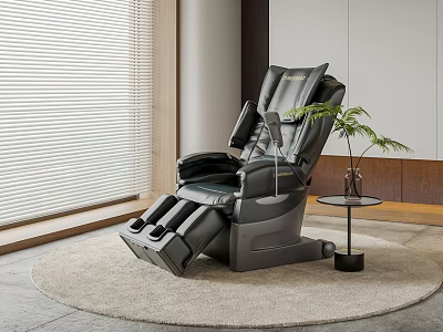 Black Massage Chair With Modern Design In Comfortable Indoor Setting On Round Rug And Plant 3d model