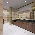 Modern Public Restroom With Wooden Partitions White Tiled Floor And Decorative Painting