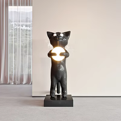 Black Cat Sculpture Holding Glowing Round Object on Base with Window Curtains Background 3d model