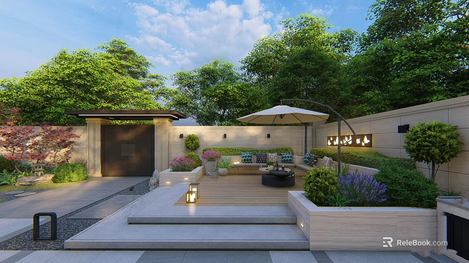 Lush Garden Landscape With Wooden Deck Umbrella Seating Stone Steps And Green Plants 3d model 