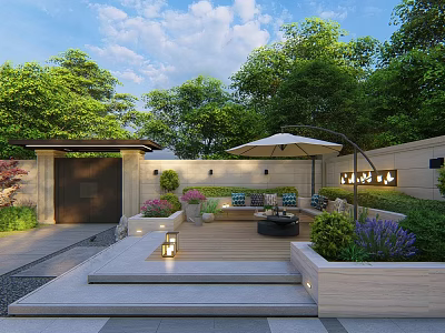 Lush Garden Landscape With Wooden Deck Umbrella Seating Stone Steps And Green Plants 3d model