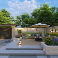 Lush Garden Landscape With Wooden Deck Umbrella Seating Stone Steps And Green Plants