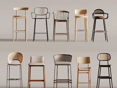 Various Design Bar Stools With Wooden Metal And Wicker Materials And Backrest Styles 3d model