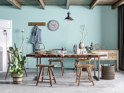 Rustic Dining Table Set Featuring Wooden Stools Light Blue Walls Ceiling Beams And Pendant Light 3d model