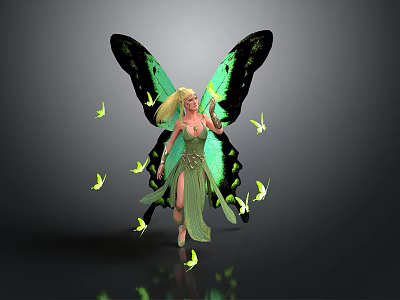 Green butterflies with large vibrant wings and small butterflies flying around shiny surface 3d model