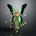 Green butterflies with large vibrant wings and small butterflies flying around shiny surface