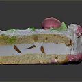 Delicious Layered Cake Slice With White Cream Pink Flower And Green Decorations